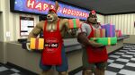  2019 3d_(artwork) angelo_(braford) anthro apron bandanna beard biceps black_hair blue_bottomwear blue_clothing blue_shorts bottomwear braford ceiling checkered_clothing checkered_floor christmas_present claws clothing counter dated digital_media_(artwork) duo english_text eyewear facial_hair finger_claws gift gino_(braford) glasses green_bottomwear green_clothing green_shorts grey_clothing grey_hair grey_shirt grey_t-shirt grey_topwear gulonine hair holding_present kangaroo kerchief looking_at_viewer macropod male mammal marsupial menu muscular muscular_anthro muscular_male mustelid musteline new_year_2020 obliques offering_to_viewer pattern_clothing pecs pinstripes pizzeria red_apron restaurant shirt shirtless_male shorts sign signature t-shirt text topwear wolverine wristband 
