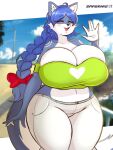  absurd_res anthro big_breasts blue_body blue_fur blue_hair blush breasts canid canine cleavage clothed clothing female fur hair hi_res huge_breasts mammal saasmimz solo thick_thighs 