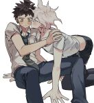  2boys absurdres all_fours badge black_pants blush breast_pocket collarbone collared_shirt danganronpa_(series) danganronpa_2:_goodbye_despair green_necktie grey_background grey_hair grey_shirt gu_(cubtable) highres hinata_hajime kiss kissing_cheek knees_up komaeda_nagito male_focus messy_hair multiple_boys necktie no_jacket orange_eyes pants pocket shirt short_sleeves sitting skull_ornament smile yaoi 