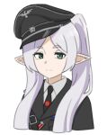  1girl black_cat03 black_headwear black_jacket black_necktie closed_mouth collared_shirt elf expressionless frieren green_eyes grey_hair hat jacket long_hair nazi nazi_party_pin necktie officer peaked_cap pointy_ears shirt simple_background skull_pin solo sousou_no_frieren swastika white_background 