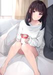  1boy 1girl bare_legs barefoot bed_sheet black_hair blanket blush closed_mouth coffee_mug commentary_request cup curtains day dress feet feet_out_of_frame highres holding holding_cup indoors knees_up lens_flare long_hair long_sleeves looking_at_viewer mug on_bed original purple_eyes sakura_no_tomoru_hi_e shirt sitting sleeves_past_wrists smile solo_focus steam sweater sweater_dress textless_version white_dress white_shirt white_sweater window 