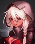 1girl assassin blood blood_on_face bodysuit braid breasts cleavage cloak dungeon_and_fighter hood hooded_cloak leather pointy_ears red_eyes shadow_dancer_(dungeon_and_fighter) shiny_clothes smile thief_(dungeon_and_fighter) twin_braids white_hair 