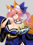  1girl animal_ear_fluff animal_ears blue_kimono breasts cleavage detached_sleeves fate/extra fate_(series) fox_ears fox_girl fox_tail japanese_clothes kimono large_breasts long_sleeves pink_hair smile solo tail tamamo_(fate) wide_sleeves wisespeak yellow_eyes 