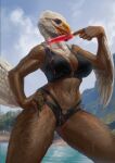  accipitrid accipitriform anthro avian bald_eagle beak bikini bird blue_eyes breasts brown_body brown_feathers clothing day detailed_background eagle feathered_arms feathers female hi_res mia_(eag1e) non-mammal_breasts outside sea_eagle silgiriya_mantsugosi sky smile solo swimwear tongue white_body white_feathers 