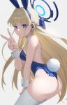  1girl animal_ears ass bare_shoulders blonde_hair blue_archive blue_bow blue_eyes blue_hairband blue_leotard bow bowtie braid breasts closed_mouth detached_collar earpiece fake_animal_ears gomashiwo_o hairband halo highleg highleg_leotard highres leotard long_hair medium_breasts official_alternate_costume official_alternate_hairstyle playboy_bunny rabbit_ears rabbit_tail simple_background tail thighhighs thighs toki_(blue_archive) toki_(bunny)_(blue_archive) v very_long_hair white_background white_thighhighs wrist_cuffs 