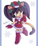  1girl alternate_costume animal_ears black_hair boots cat_ears christmas dress full_body furry furry_female gloves hat highres honey_the_cat pillarboxed quark196 red_dress red_footwear red_gloves santa_dress santa_hat smile snowflakes solo sonic_(series) sonic_the_fighters tongue tongue_out yellow_eyes 
