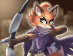  action_pose anthro armor arrow_(weapon) belt bow_(weapon) brown_body brown_fur canid canine clothing drawing_bowstring dungeons_of_aether female fleet_(dungeons_of_aether) fox fur green_eyes hi_res liet4649 mammal orange_body orange_fur pose purple_cloak purple_clothing quiver_(arrows) ranged_weapon red_fox solo solo_focus tan_body tan_fur teeth_showing weapon 