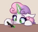  absurd_res equid equine female friendship_is_magic furniture green_eyes hair hasbro hi_res horn mammal my_little_pony pink_hair purple_hair solo sweetie_belle_(mlp) table tech_deck unicorn white_body witchtaunter 