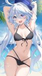  1girl ahoge alternate_costume ascot beach bikini black_ascot black_bikini blue_eyes blue_gemstone blue_hair blue_headwear blush breasts cleavage commentary_request cowlick day drop-shaped_pupils front-tie_bikini_top front-tie_top furina_(genshin_impact) gem genshin_impact hair_between_eyes hat heterochromia highres light_blue_hair long_hair looking_at_viewer mismatched_pupils multicolored_hair navel nyuu_(pixiv12143565) ocean open_mouth ponytail small_breasts smile solo streaked_hair swimsuit top_hat twintails white_hair 