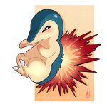  2023 cyndaquil digital_drawing_(artwork) digital_media_(artwork) explosion eyes_closed feral fur generation_2_pokemon green_body green_fur hi_res nezumi_chan nintendo orange_background pokemon pokemon_(species) signature simple_background solo white_background yellow_body yellow_fur 