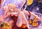  1girl absurdres aihara_mai bandages barefoot bat_(animal) blonde_hair blue_eyes dress full_body ghost hairband halloween highres mahjong_soul official_alternate_costume official_art paw_pose pumpkin red_dress sitting solo stuffed_animal stuffed_toy tears teddy_bear torn_clothes yuge_(mkmk) 