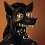  anthro black_body black_fur black_hair black_tongue bulging_eyes canid canine canis enel_shocked_face fangs fur hair imperial948 jackal long_hair male mammal meme one_piece reaction_image red_eyes solo surprised_expression teeth tongue 