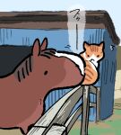  ^^^ cat chibi commentary_request fence horse huffing jaggy_lines meisho_doto_(racehorse) meto_(cat) motion_lines no_humans outdoors photo-referenced real_life smelling stable takatsuki_nato translated wooden_fence 