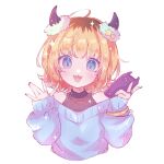  1girl :3 ahoge bare_shoulders black_horns black_shirt blonde_hair blue_eyes blue_sweater blunt_bangs bracelet chain_necklace cropped_torso demon_horns earrings fake_horns fang fingernails halter_shirt halterneck hand_up highres holding holding_phone horns jewelry long_fingernails long_sleeves looking_at_viewer memcho nail_polish necklace off-shoulder_sweater off_shoulder open_mouth oshi_no_ko phone red_nails shirt short_hair sidelocks simple_background solo sparkle star_(symbol) star_earrings star_in_eye sweater symbol_in_eye usa_(muchuchu) waving white_background 