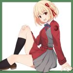  1girl :d arm_support belt black_socks blonde_hair blue_ribbon bob_cut border brown_footwear collared_shirt dress flower green_border grey_dress hair_ribbon highres knee_up kneehighs long_sleeves looking_at_viewer lycoris_recoil lycoris_uniform neck_ribbon nishikigi_chisato open_mouth outside_border pleated_dress red_belt red_dress red_eyes red_ribbon ribbon shirt short_hair sitting smile socks solo spider_lily sumishake two-tone_dress white_background white_shirt 