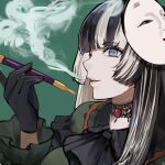  1girl black_gloves black_hair blue_eyes choker gloves green_background grey_hair highres hololive juufuutei_raden kiseru lace lace_choker leo_(f_mmmnkm_paint) long_hair mask mask_on_head multicolored_hair noh_mask smoke smoking smoking_pipe two-tone_hair virtual_youtuber 