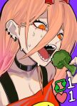  1girl black_choker black_nails broccoli brown_hair chainsaw_man choker cross-shaped_pupils ear_piercing food hair_between_eyes highres holding holding_food horns like_and_retweet long_hair looking_at_object off-shoulder_shirt off_shoulder open_mouth orange_eyes piercing power_(chainsaw_man) purple_background red_horns sailen0 sharp_teeth shirt simple_background solo sweat symbol-shaped_pupils teeth 