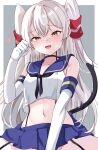  1girl :d amatsukaze_(kancolle) bare_shoulders between_legs black_choker black_neckerchief blonde_hair blue_skirt blush breasts buttons calin cat_tail choker clenched_hand commentary_request cosplay crop_top double-breasted elbow_gloves garter_straps gloves groin hair_between_eyes hand_between_legs hand_up happy heart highres kantai_collection legs_apart looking_at_viewer midriff miniskirt navel neckerchief pleated_skirt sailor_collar school_uniform serafuku shimakaze_(kancolle) shimakaze_(kancolle)_(cosplay) shirt skirt sleeveless sleeveless_shirt small_breasts smile solo spread_legs stomach straddling tail teeth two_side_up upper_teeth_only upskirt white_gloves white_hair yellow_eyes 