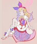  1girl aikatsu! aikatsu!_(series) blonde_hair bow closed_mouth commentary_request full_body grey_background hair_bow hairband highres hoshimiya_ichigo idol_clothes long_hair looking_at_viewer petticoat pleated_skirt puffy_short_sleeves puffy_sleeves purple_bow red_bow red_eyes red_hairband samusu_gi shirt short_sleeves sitting skirt smile socks solo vest white_shirt white_socks 