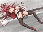  1girl 3boys after_rape after_sex bag black_bra black_panties black_skirt black_thighhighs blood blood_splatter bra breasts breasts_apart clothes_lift commentary_request corpse cum day dozm_(txnmb) drill_hair ero_guro exploded_head facial full_body garter_straps groin_tendon guro handbag heart high_heels highres lace-trimmed_legwear lace_trim lactation large_breasts long_hair long_sleeves lying makeup mascara multiple_boys nipples on_back on_ground open_mouth original outdoors palms panties peeing peeing_self pink_hair prolapse red_footwear red_shirt road runny_makeup shirt shoes sidewalk single_shoe skirt skirt_lift skirt_rolled_up soles solo spoken_heart spread_legs street thighhighs tongue tongue_out torn_bra torn_clothes torn_thighhighs twin_drills underwear uterine_prolapse white_bag 