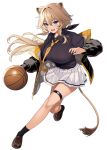  1girl absurdres animal_ears basketball black_jacket black_shirt black_socks blue_eyes breasts brown_footwear brown_hair collared_shirt commentary_request crossed_bangs hair_between_eyes highres jacket large_breasts loafers long_hair looking_at_viewer miniskirt necktie open_clothes open_jacket open_mouth orange_necktie original pleated_skirt puffy_sleeves shirt shirt_tucked_in shoes sidelocks simple_background skirt socks solo tail takunomi thigh_strap white_background white_skirt 