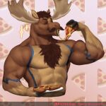  2_horns abs anthro biceps body_hair cherry_blossom_kid chest_hair deer diffuse_moose eating eating_food food hi_res horn male mammal moose muscular muscular_anthro muscular_male new_world_deer pecs pizza solo 