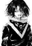  1boy blood blood_from_mouth blood_on_face commentary_request feitan_portor highres hunter_x_hunter injury male_focus monochrome ppox short_hair simple_background smile solo torn_clothes white_background 