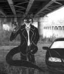  anthro black_and_white black_body black_bottomwear black_car black_clothing black_fur black_jacket black_pants black_suit black_topwear bottomwear car cigarette claws clothing confident conspiracy day evil_look eyewear fur glasses grass gulonine hand_in_pocket jack_salem jacket lance_foxx_(artist) long_tail looking_at_viewer male mammal marten meeting monochrome multicolored_body multicolored_fur mustelid musteline necktie outside pants photo_background photography_(artwork) pillar pillars plant pockets river sable_(marten) sedan shirt shrub smoking solo standing suit tail the_x-files topwear two_tone_body two_tone_fur under_bridge vehicle water whiskers white_body white_fur 