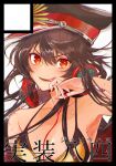  1girl bikini black_bikini breasts cleavage cover cover_page darenoda doujin_cover family_crest fate/grand_order fate_(series) hair_between_eyes hat headphones headphones_around_neck licking licking_finger looking_at_viewer military_hat oda_nobunaga_(fate) oda_nobunaga_(swimsuit_berserker)_(fate) oda_uri open_mouth peaked_cap portrait red_eyes simple_background smile solo swimsuit white_background 