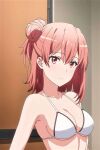  1girl bikini breasts cleavage collarbone hair_bun highres nios non-web_source pink_hair single_hair_bun single_side_bun solo swimsuit tagme underboob upper_body white_bikini yahari_ore_no_seishun_lovecome_wa_machigatteiru. yuigahama_yui 