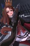  1girl absurdres animal_ears black_coat black_thighhighs bow brown_hair coat crown dutch_angle ear_covers feet_out_of_frame fence gloves hair_bow hand_on_own_hip harawata_(harawata_000) highres holding holding_weapon horse_ears horse_girl horse_tail king_halo_(umamusume) laughing long_hair looking_at_viewer parted_bangs red_eyes side_ponytail tail thighhighs umamusume weapon 