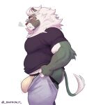  2023 anthro artist_name baddonut biceps black_clothing black_shirt black_topwear bottomwear bulge butt clothing felid fur green_body green_fur hair jockstrap leo_(baddonut) lion male mammal meme musclegut pantherine pants pecs shirt snort solo tight_pants_(meme) topwear underwear watermark white_body white_bottomwear white_clothing white_fur white_hair white_pants white_tuft 