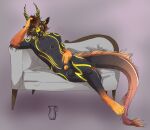  absurd_res animal_genitalia anthro antlers balls big_balls bodily_fluids cheek_tuft claws crossed_legs digitigrade dragon facial_tuft feet fur furniture genital_fluids genitals hair head_in_hand hi_res horn looking_down lounging lying male mane mane_hair multicolored_body nude orange_eyes orange_penis penis sheath simple_background smile snagletooth sofa solo tail tail_tuft teeth tuft veryloudopossum whiskers 