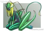  1girl absurdres animal_feet antennae arthropod_girl arthropod_limbs artist_name between_legs blonde_hair blue_eyes closed_mouth colored_skin extra_eyes full_body green_skin grey_background grey_skin hand_between_legs highres hooves long_hair looking_at_viewer mantis_girl monster_girl multicolored_skin nude original simple_background sitting slit_pupils solo tail toipokun_oyashi twitter_username wariza 