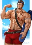  1boy abs absurdres bara beach blue_eyes brown_hair bulge carrying carrying_under_arm cross_scar facial_hair fate/grand_order fate_(series) feet_out_of_frame flexing goatee goggles goggles_on_head highres large_pectorals long_sideburns looking_at_viewer male_focus male_swimwear mature_male meiji_(meiji_nsfw) muscular muscular_male napoleon_bonaparte_(fate) navel navel_hair nipples pectorals red_male_swimwear scar scar_on_chest short_hair sideburns smile solo stomach swim_trunks topless_male whistle whistle_around_neck 