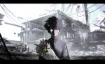  1boy :| absurdres apartment black_border black_eyes black_hair blurry blurry_background border bouquet bowl_cut city closed_mouth corruption crying crying_with_eyes_open dark_persona destruction english_commentary flower formal gakuran highres holding holding_bouquet jacket kageyama_shigeo long_sleeves looking_at_viewer mob_psycho_100 outdoors school_uniform shirt short_hair solo suit tears user_jcym8788 wide_shot 