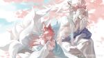  1boy 1girl absurdres ahri_(league_of_legends) animal_ears arm_tattoo artist_name bandaged_arm bandaged_hand bandages beard bell blue_eyes breasts cherry_blossoms cleavage cloud detached_sleeves eteru facial_hair facial_mark fox_ears fox_girl fox_tail hair_between_eyes highres jewelry katana league_of_legends long_hair multiple_tails muscular muscular_male mustache necklace official_alternate_costume official_alternate_hairstyle outdoors pink_hair ponytail sidelocks sky smile spirit_blossom_(league_of_legends) spirit_blossom_ahri spirit_blossom_yasuo sword tail tattoo weapon whisker_markings white_hair wide_sleeves yasuo_(league_of_legends) 