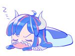  1girl ahoge blue_hair chibi closed_eyes covered_mouth curled_horns dinosaur_girl horns long_hair lowres lying mask mouth_mask multicolored_hair on_stomach one_piece pink_hair pink_mask raine_(acke2445) sleeping solo streaked_hair ulti_(one_piece) white_background zzz 