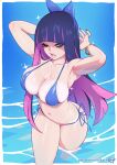  1girl areola_slip armpits bare_shoulders bikini blue_bikini blue_eyes blue_hair blunt_bangs blush bow breasts cleavage collarbone colored_inner_hair hair_bow kajin_(kajinman) large_breasts long_hair looking_at_viewer multicolored_hair navel panty_&amp;_stocking_with_garterbelt pink_hair side-tie_bikini_bottom solo stocking_(psg) swimsuit two-tone_hair 