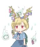  1girl antlers biyon blonde_hair blue_shirt blue_skirt dragon_horns holding horns kicchou_yachie otter_spirit_(touhou) red_eyes shirt short_hair short_sleeves simple_background skirt solo tanabata touhou turtle_shell twitter_username upper_body white_background yellow_horns 