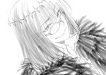  1boy blue_eyes cape collared_shirt crown diamond_hairband fate/grand_order fate_(series) fur-trimmed_cape fur_trim glasses grey_hair looking_at_viewer male_focus medium_hair monochrome nekopan_(nekopannti) no_wings oberon_(fate) oberon_(third_ascension)_(fate) shirt simple_background sketch smile solo upper_body white_background white_shirt 