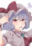  adjusting_clothes adjusting_headwear annoyed arms_up ascot blush bow brooch collared_shirt fang frilled_shirt_collar frills frown hair_between_eyes hat hat_bow highres jewelry looking_up mob_cap open_mouth pink_headwear pink_shirt purple_hair red_ascot red_bow red_eyes remilia_scarlet shirt short_hair short_sleeves skin_fang sobayu_to_tenpura squiggle sweatdrop touhou upper_body v-shaped_eyebrows wavy_hair white_background wrist_cuffs 