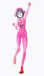  1girl :o absurdres arm_up black_choker black_eyes black_hair bleach bodysuit breasts choker clenched_hands covered_navel full_body highres kirby kuchiki_rukia open_mouth pink_bodysuit red_footwear short_hair simple_background skin_tight small_breasts solo standing standing_on_one_leg waligner white_background 