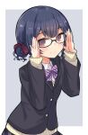  1girl adjusting_eyewear bangs bespectacled black-framed_eyewear black_jacket blue_hair blunt_bangs blush border bow bowtie buttons cardigan closed_mouth collared_shirt commentary glasses gougoku grey_background grey_skirt hair_bow hair_bun hands_up highres idolmaster idolmaster_shiny_colors jacket lapels layered_clothes long_sleeves looking_at_viewer morino_rinze multicolored_bowtie pleated_skirt purple_bow purple_bowtie red_bow school_uniform shirt short_hair simple_background single_hair_bun skirt smile solo upper_body white_border white_shirt wing_collar yellow_cardigan 