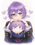  1boy androgynous blue_eyes blush character_doll closed_mouth epel_felmier frilled_sleeves frills hair_between_eyes head_rest heart heart-shaped_pupils holding holding_stuffed_toy long_sleeves looking_at_viewer male_focus momotetu night_raven_college_uniform purple_hair school_uniform short_hair simple_background smile solo stuffed_toy symbol-shaped_pupils tsum-tsum twisted_wonderland upper_body white_background 