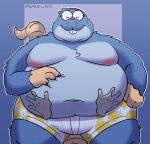  2023 anthro belly big_belly blue_body bulge clothing duo dylan_(the_human_heart) eulipotyphlan eyes_closed eyewear glasses male mammal mole_(animal) moobs navel nipples overweight overweight_male smut_leo solo_focus the_human_heart_(game) underwear visual_novel 