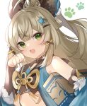  1girl :d animal_ears animal_hands bare_shoulders blush box cat_paws fake_animal_ears fang genshin_impact green_eyes hair_ornament hairclip highres holding holding_box kirara_(genshin_impact) long_hair looking_at_viewer open_mouth paw_pose simple_background skin_fang smile solo tassel white_background yuni_(irohasuiroiro) 