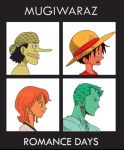  1girl 3boys album_cover anoniart bandana black_hair closed_mouth cover crossover demon_days_(gorillaz) earrings english_text fake_cover gorillaz green_hair hat jewelry long_nose monkey_d._luffy multiple_boys nami_(one_piece) one_piece orange_hair parody profile roronoa_zoro short_hair single_earring smile straw_hat usopp 