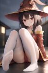  1girl ai-assisted arm_support bare_shoulders bin_lu black_hair blurry blurry_background blush breasts chinese_commentary closed_mouth collarbone dress expressionless feet full_body hair_between_eyes hat highres knees_together_feet_apart kono_subarashii_sekai_ni_shukufuku_wo! lamppost leaning_back legs looking_at_viewer megumin mixed-language_commentary outdoors panties rain red_dress red_eyes red_panties see-through short_dress short_hair_with_long_locks sitting small_breasts soles solo thighhighs thighs toes underwear wet wet_clothes wet_hair white_thighhighs witch_hat zettai_ryouiki 