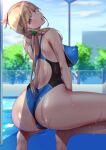  1girl andou_you ass back back_cutout blonde_hair blue_one-piece_swimsuit blurry blurry_background blush breasts bright_pupils clothing_cutout clover_hair_ornament competition_swimsuit covered_nipples four-leaf_clover_hair_ornament from_behind hair_ornament hair_over_shoulder hand_on_own_head large_breasts long_hair looking_back one-piece_swimsuit open_mouth original outdoors paid_reward_available pool poolside purple_eyes racerback side_ponytail squatting swimsuit tiptoes tree two-tone_one-piece_swimsuit water wet wet_clothes wet_swimsuit white_pupils 